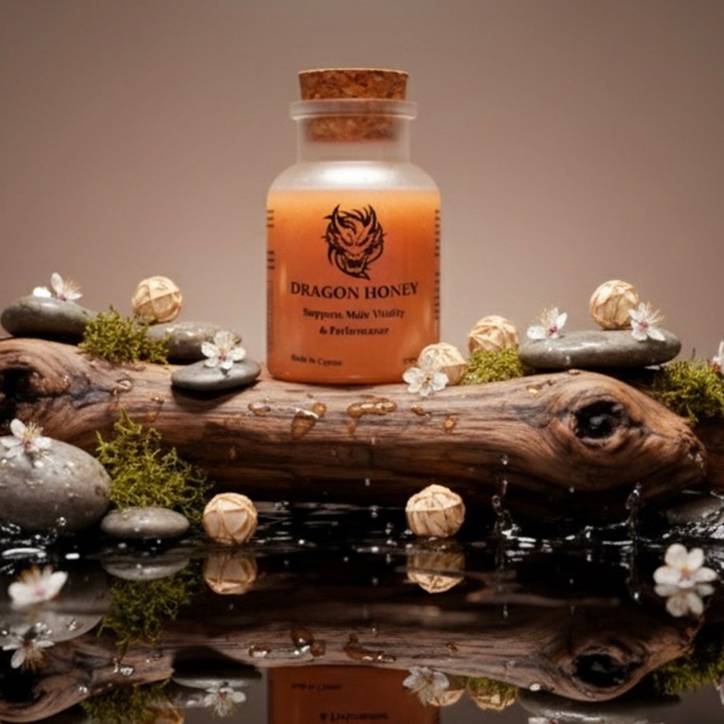 A bottle of Dragon Honey surrounded by stones and flowers on a wooden base, showcasing its natural ingredients.